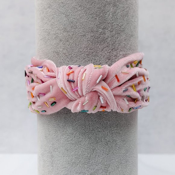 Pink Velvet Knot Headband with Sprinkles Rainbow Confetti Beading main image 9